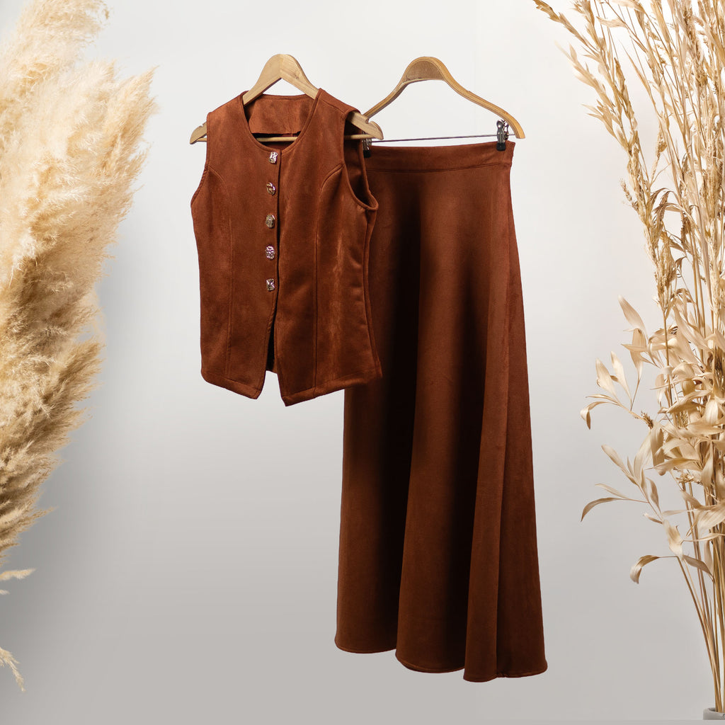 KİREMİT RENGİ SÜET ETEK YELEK TAKIM