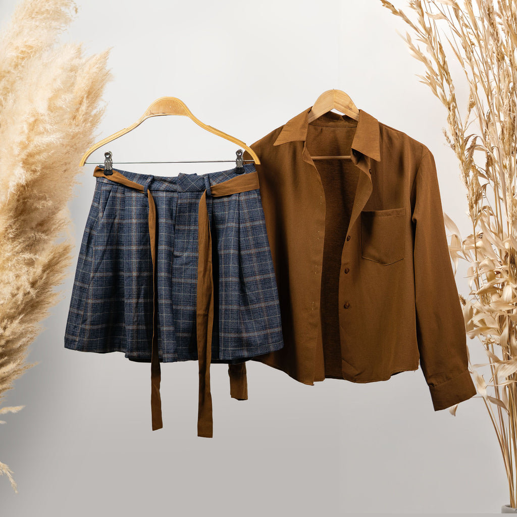 KAHVE GÖMLEK EKOSE KUŞAKLI ETEK TAKIM