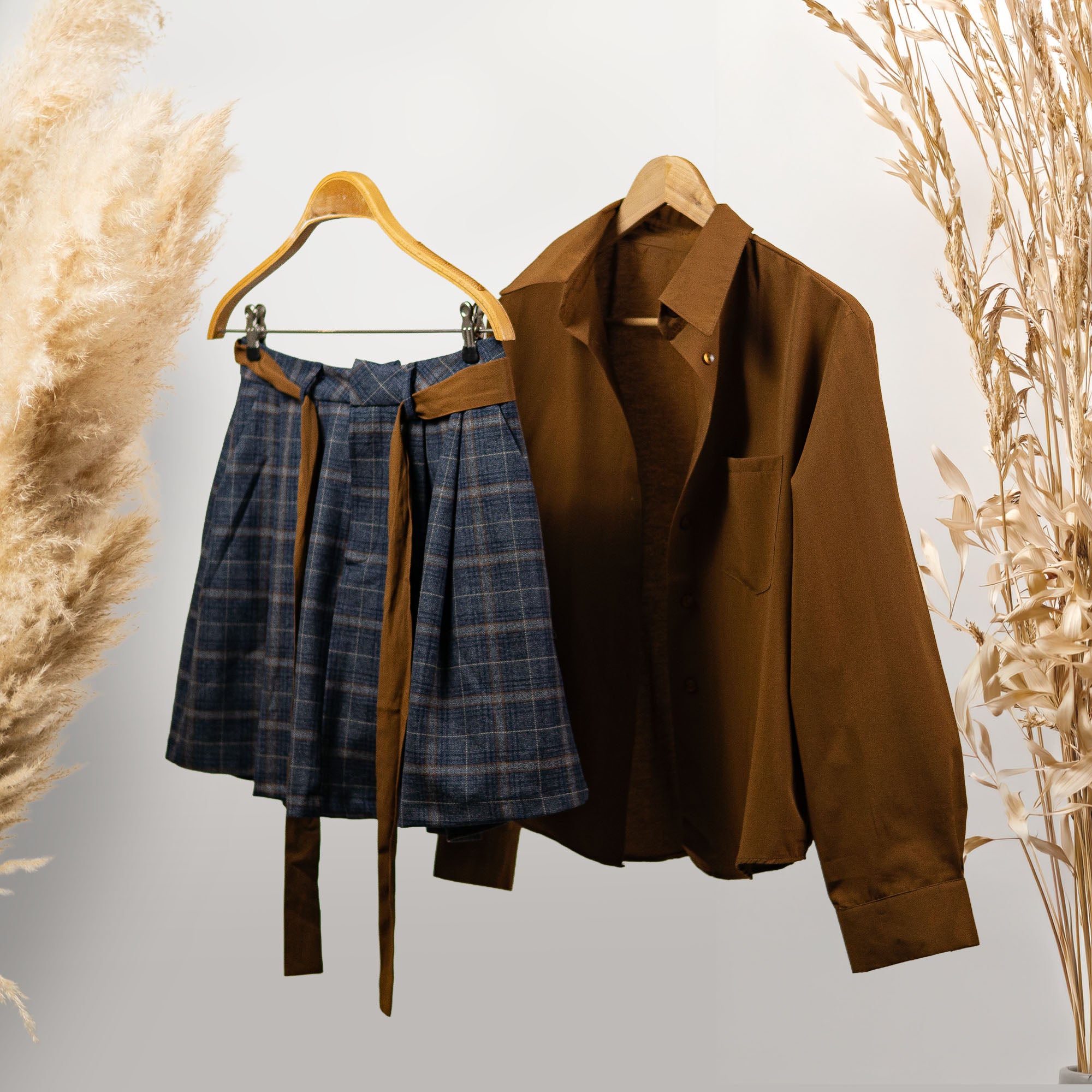 KAHVE GÖMLEK EKOSE KUŞAKLI ETEK TAKIM