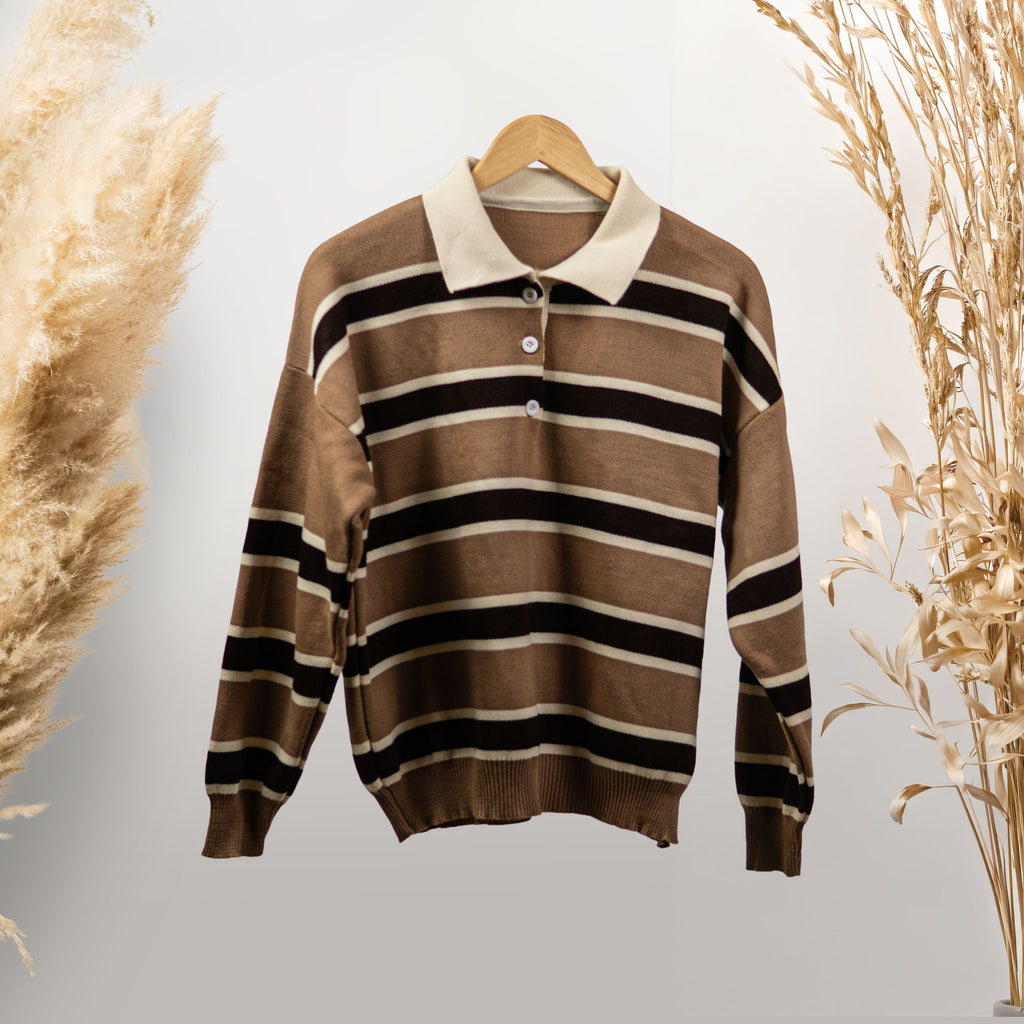 KOYU KAHVE ÇİZGİLİ POLO YAKA KAZAK