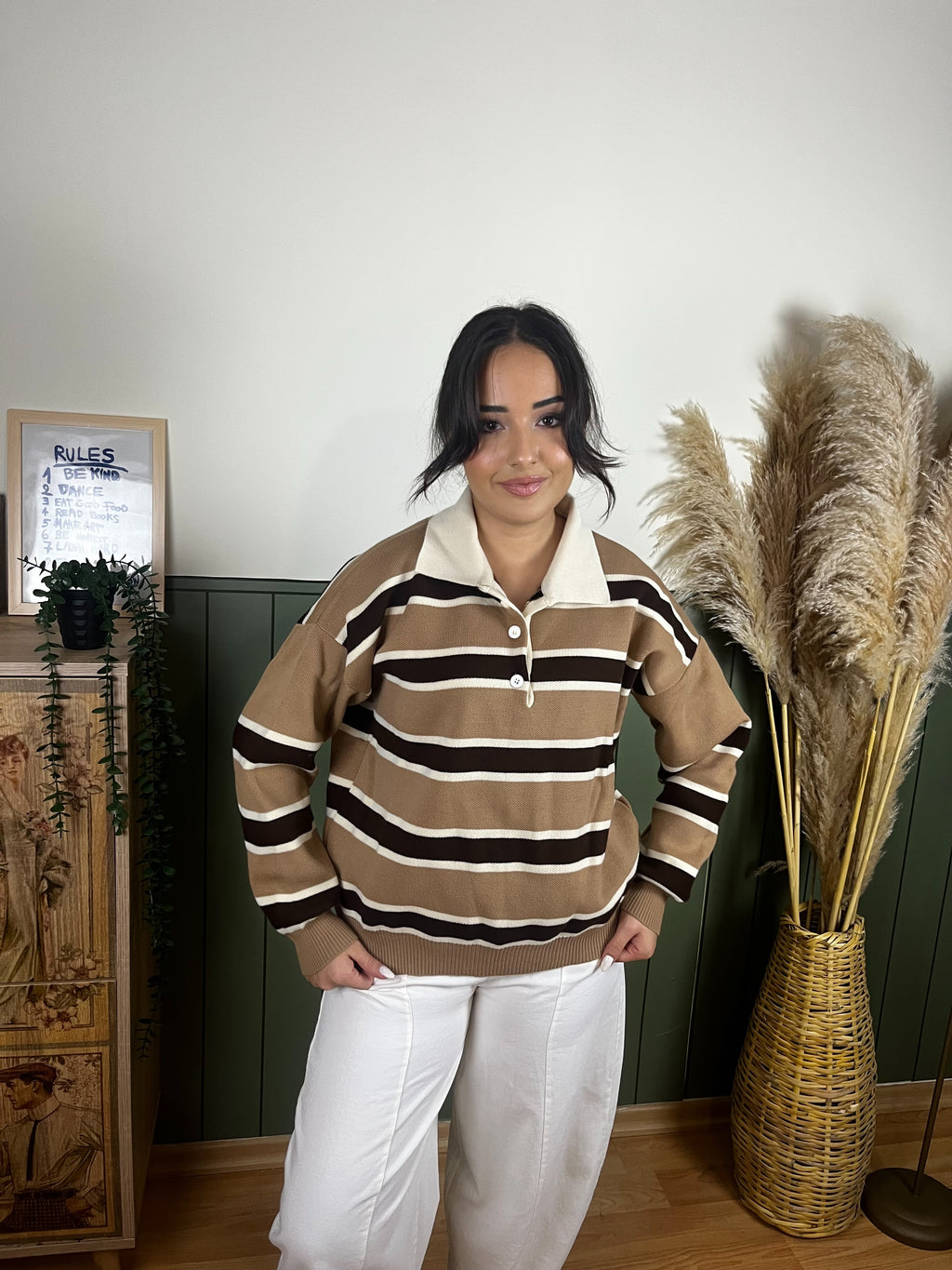 KOYU KAHVE ÇİZGİLİ POLO YAKA KAZAK