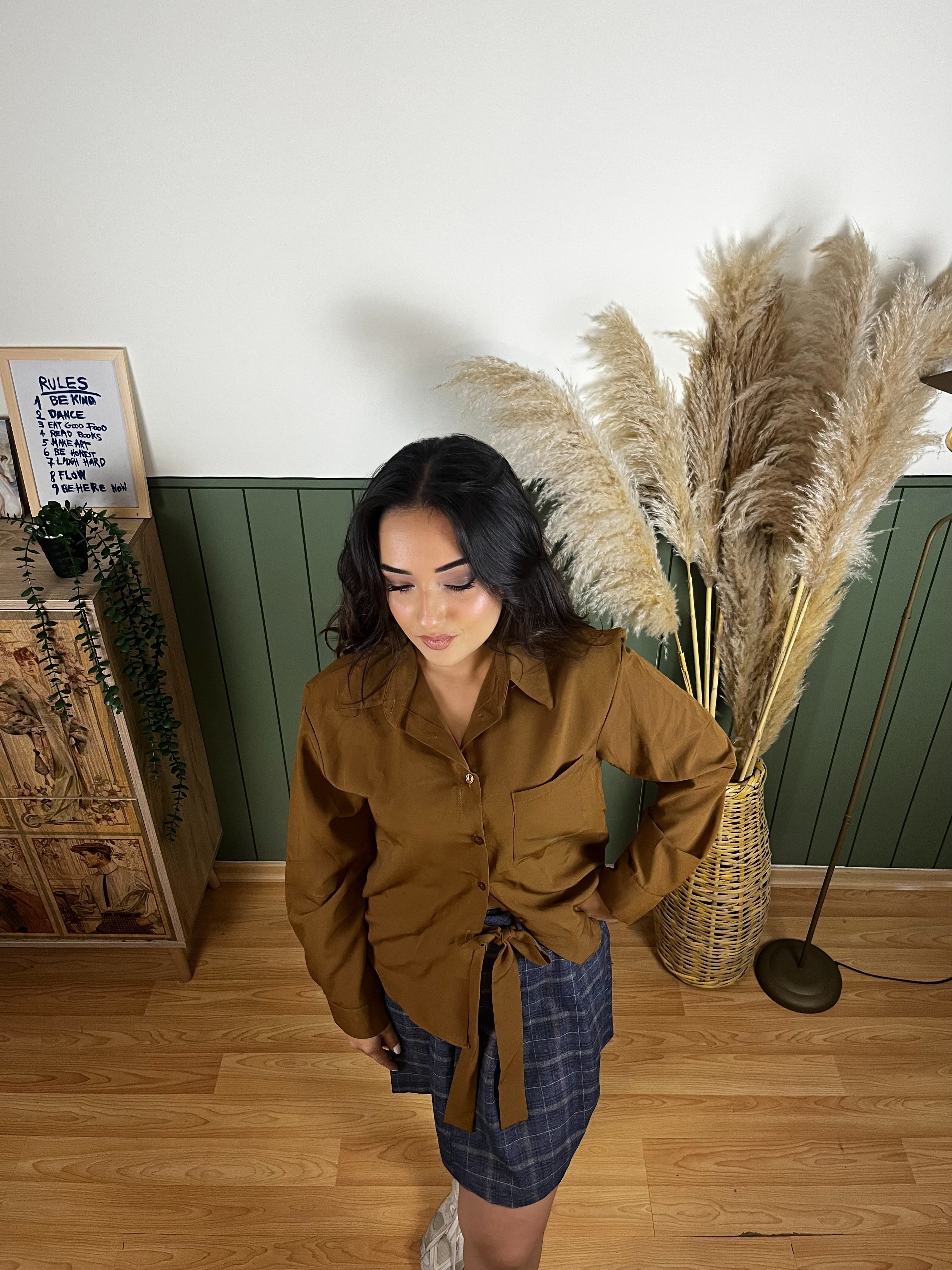 KAHVE GÖMLEK EKOSE KUŞAKLI ETEK TAKIM