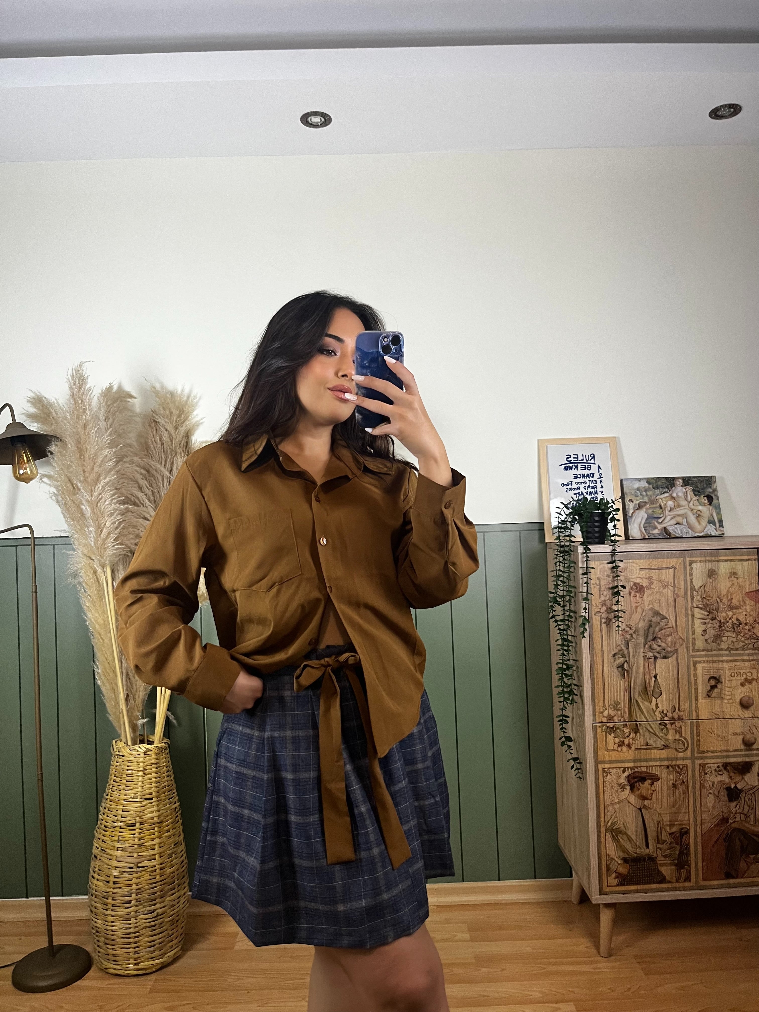 KAHVE GÖMLEK EKOSE KUŞAKLI ETEK TAKIM