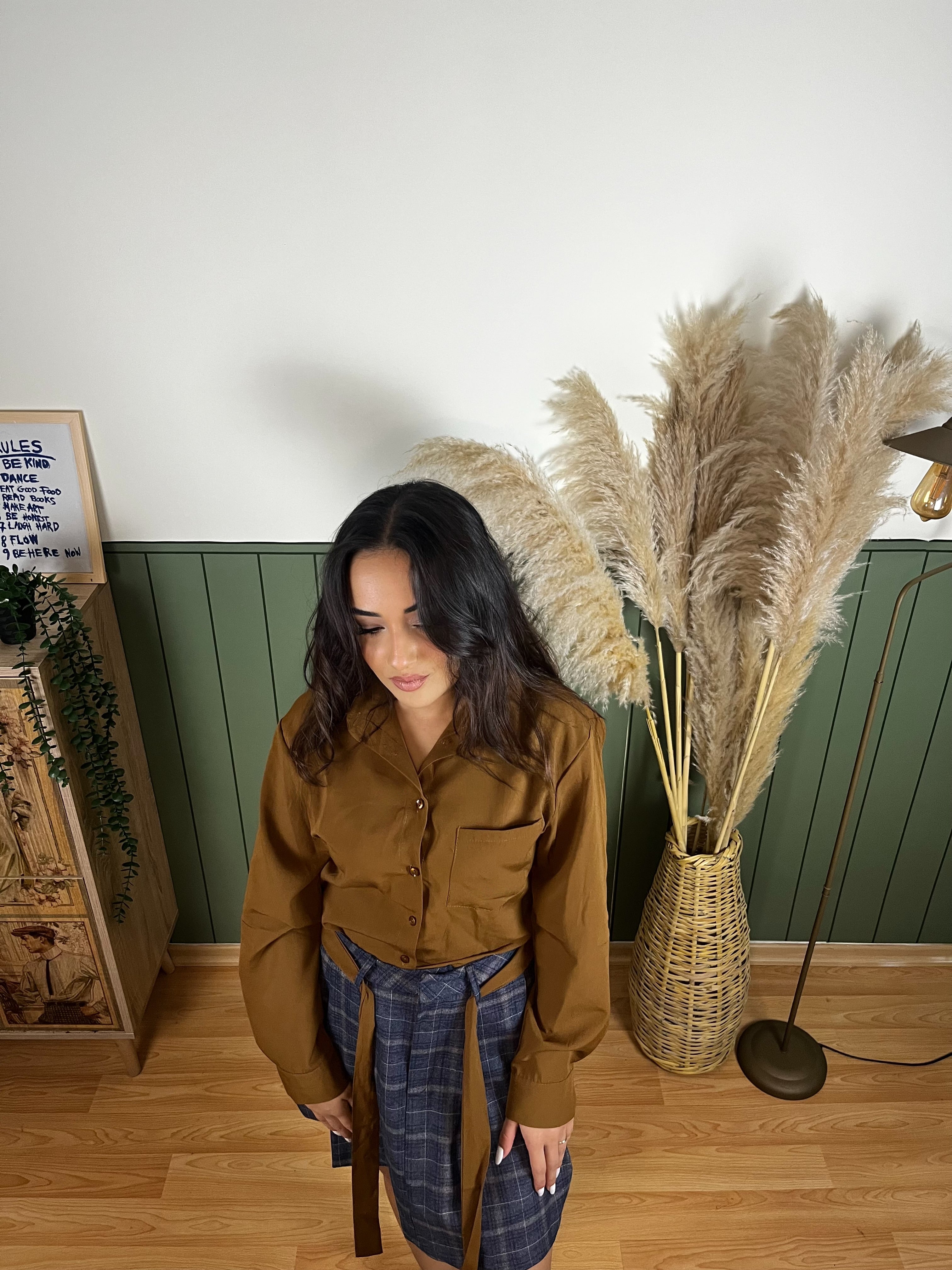 KAHVE GÖMLEK EKOSE KUŞAKLI ETEK TAKIM