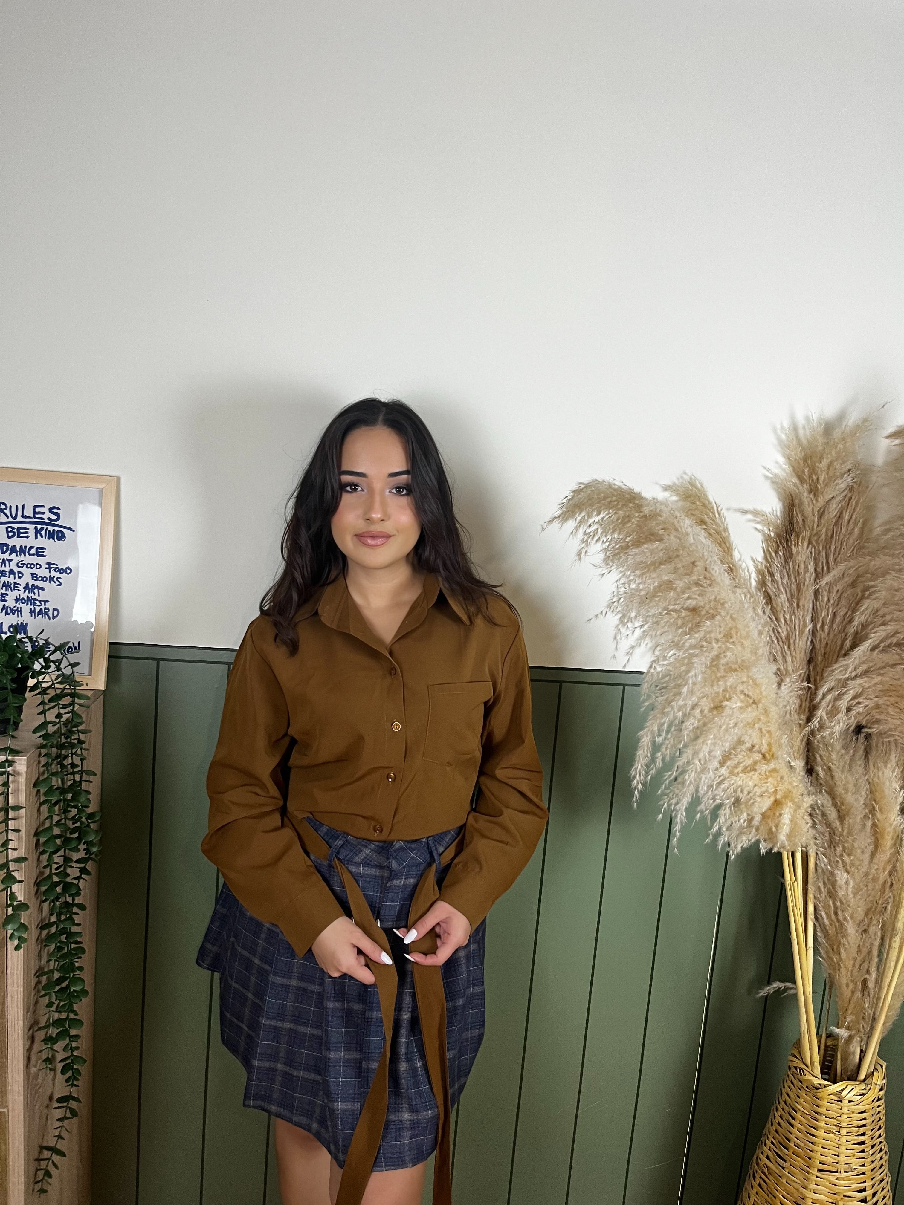 KAHVE GÖMLEK EKOSE KUŞAKLI ETEK TAKIM