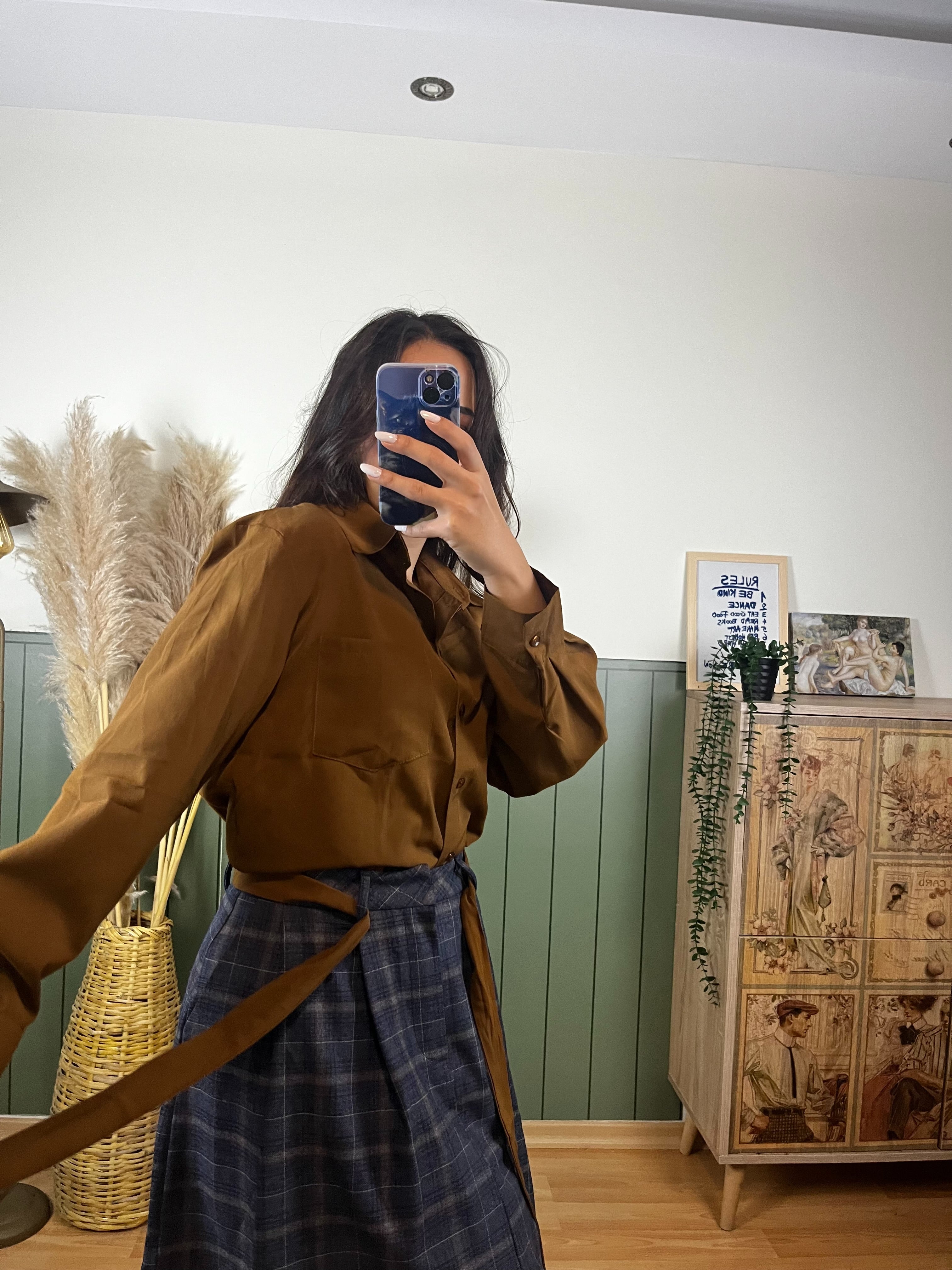 KAHVE GÖMLEK EKOSE KUŞAKLI ETEK TAKIM